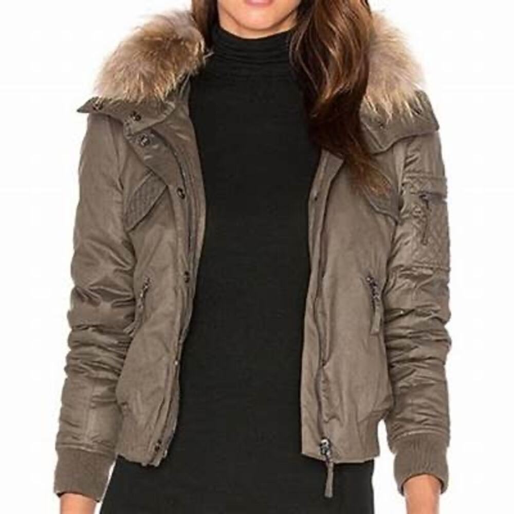 Generation Love Georgina Asiatic Raccoon Bomber Jacket in Olive Green Sz S